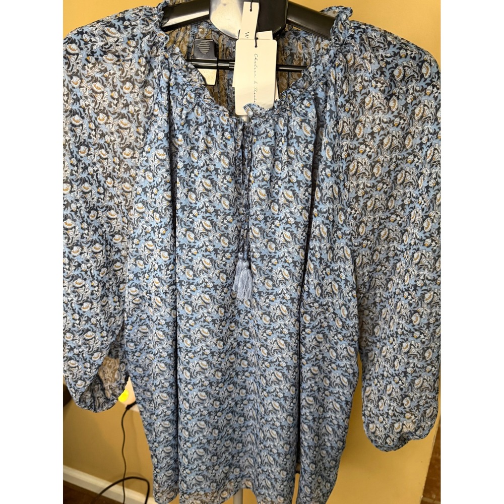 Chelsea & Theodore Blue Floral Paisley Peasant Blouse Tassel Tie 3X NWT - Picture 3 of 8